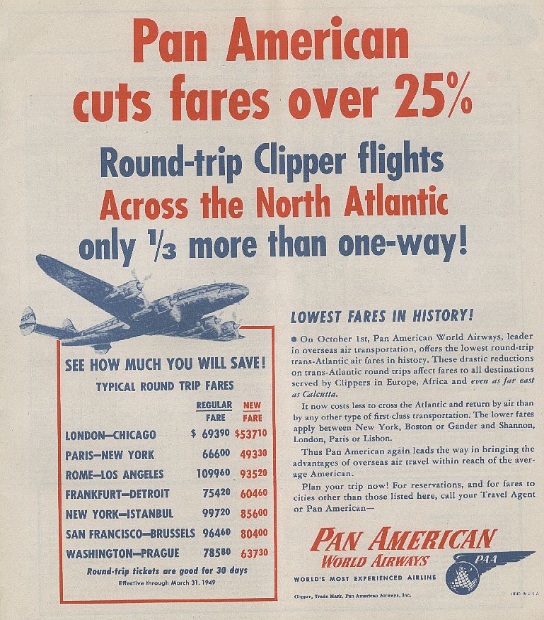 1948, October, An ad with fare listings from a Pan American timetable.